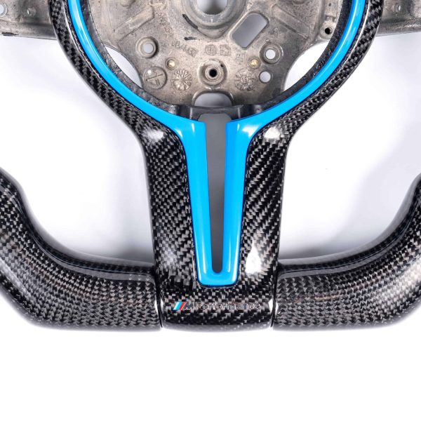 iCarPro BMW F30 F80 F82 F87 carbon fiber steering wheel with blue cover detail view