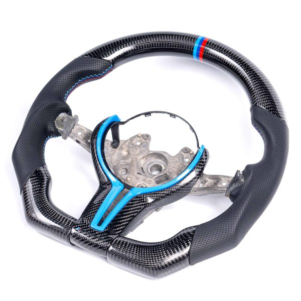 iCarPro BMW F30 F80 F82 F87 carbon fiber steering wheel with blue cover side view