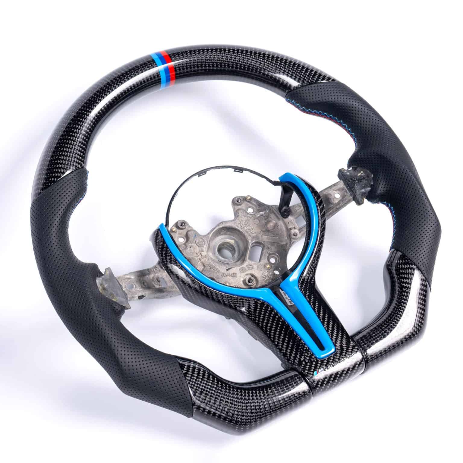 iCarPro BMW F30 F80 F82 F87 carbon fiber steering wheel with blue cover side view