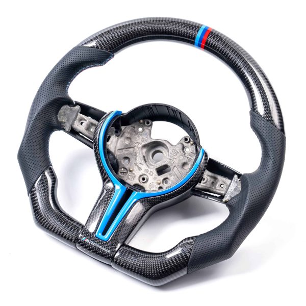 iCarPro BMW F30 F80 F82 F87 carbon fiber steering wheel with blue cover side view