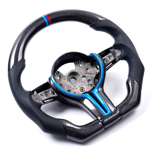 iCarPro BMW F30 F80 F82 F87 carbon fiber steering wheel with blue cover side view