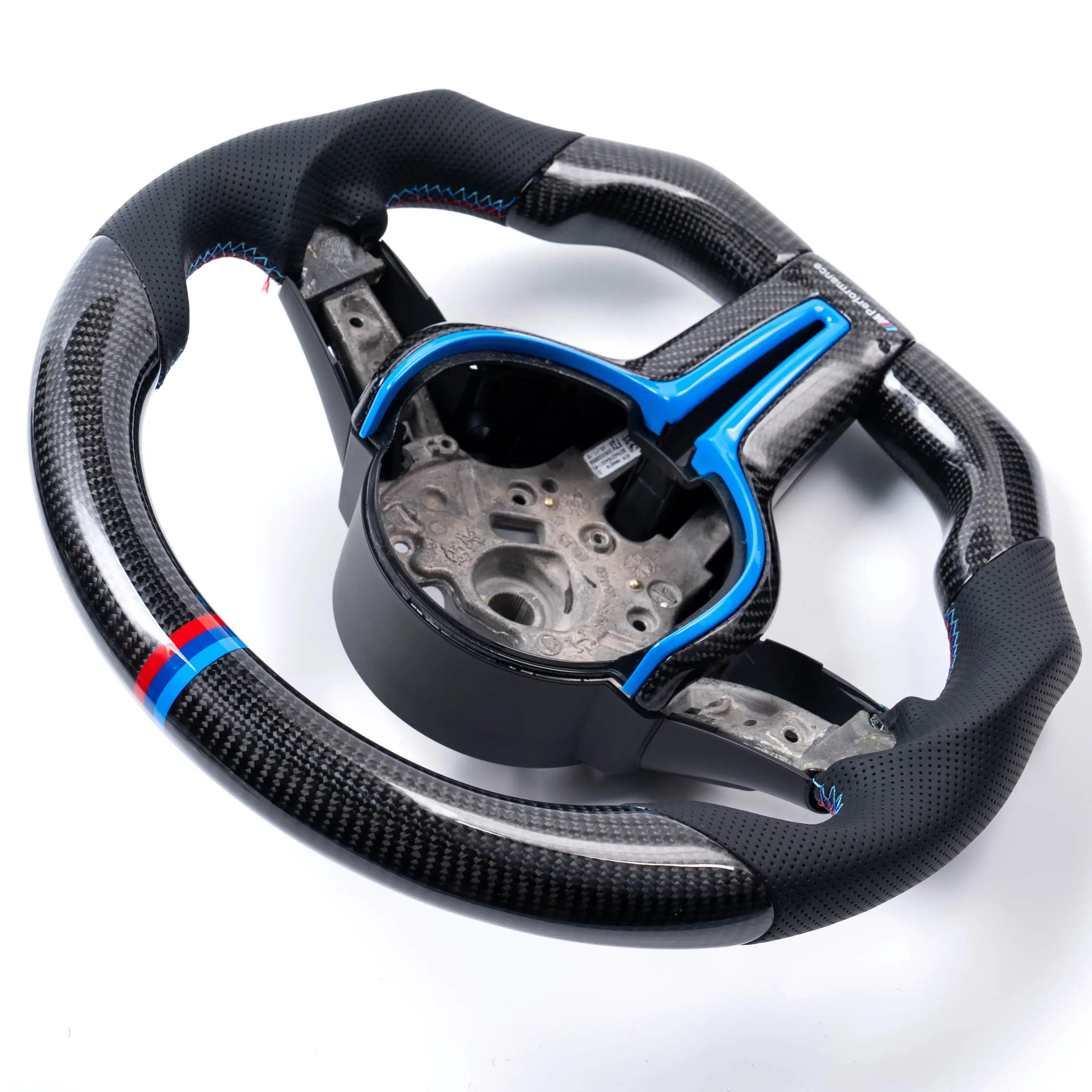 iCarPro BMW F30 F80 F82 F87 carbon fiber steering wheel with blue cover side view