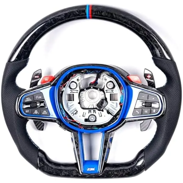 iCarPro Carbon Fiber Heated Steering Wheel, D-Type Racing Design,CS Style, Nappa Perforated Leather, for BMW M3 M4 G80 G82 G83 F4X G2X G20 M Sport 2019-2024 Blue/Forged Carbon Fiber Frame